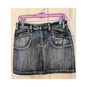 LA Blues Jean Skirt Size 10 Faux Zipper‎ Pockets Front 15 3/4" Waist x 15" Long